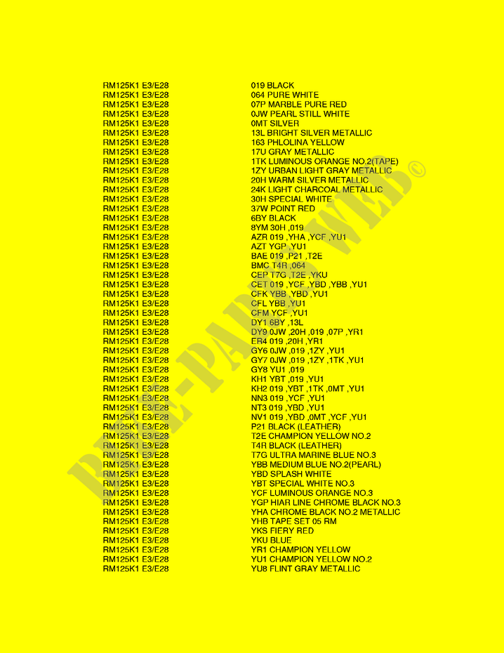 * COLOR CHART * for Suzuki RM 125 2005