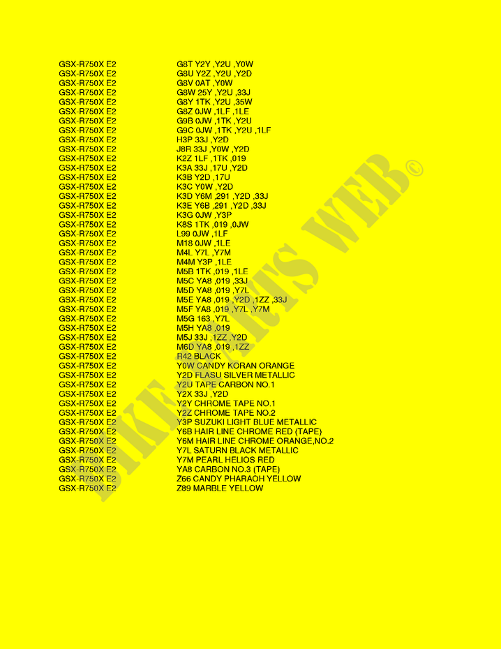 * COLOR CHART * for Suzuki GSX-R 750 1998