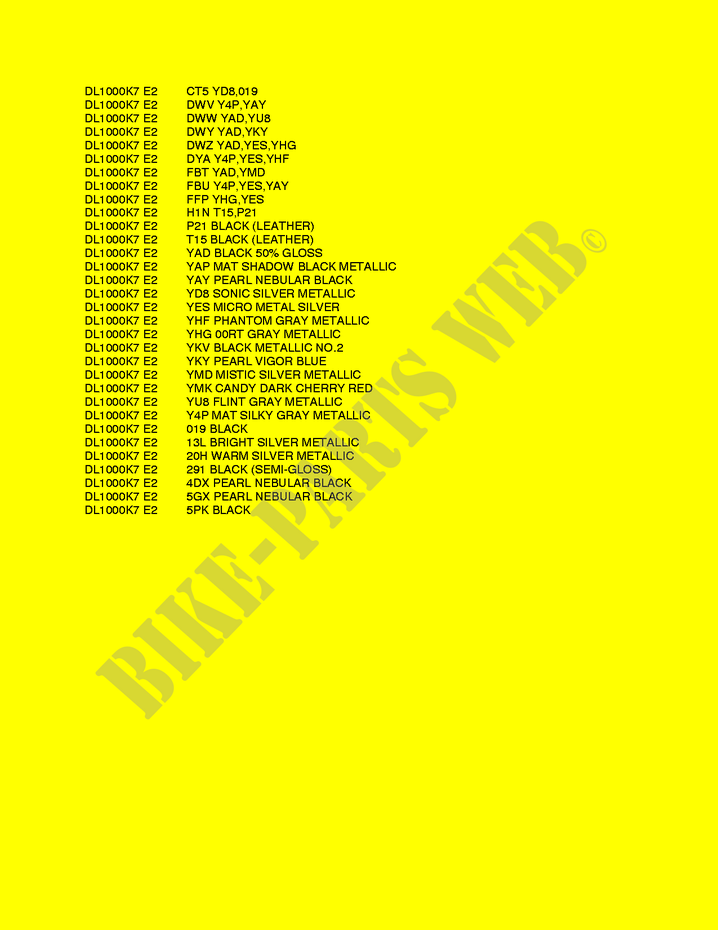 * COLOR CHART * for Suzuki V-STROM 1000 2010