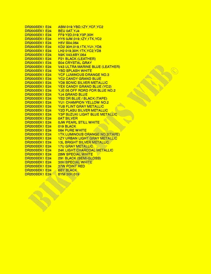 * COLOR CHART * for Suzuki DR 200 2004