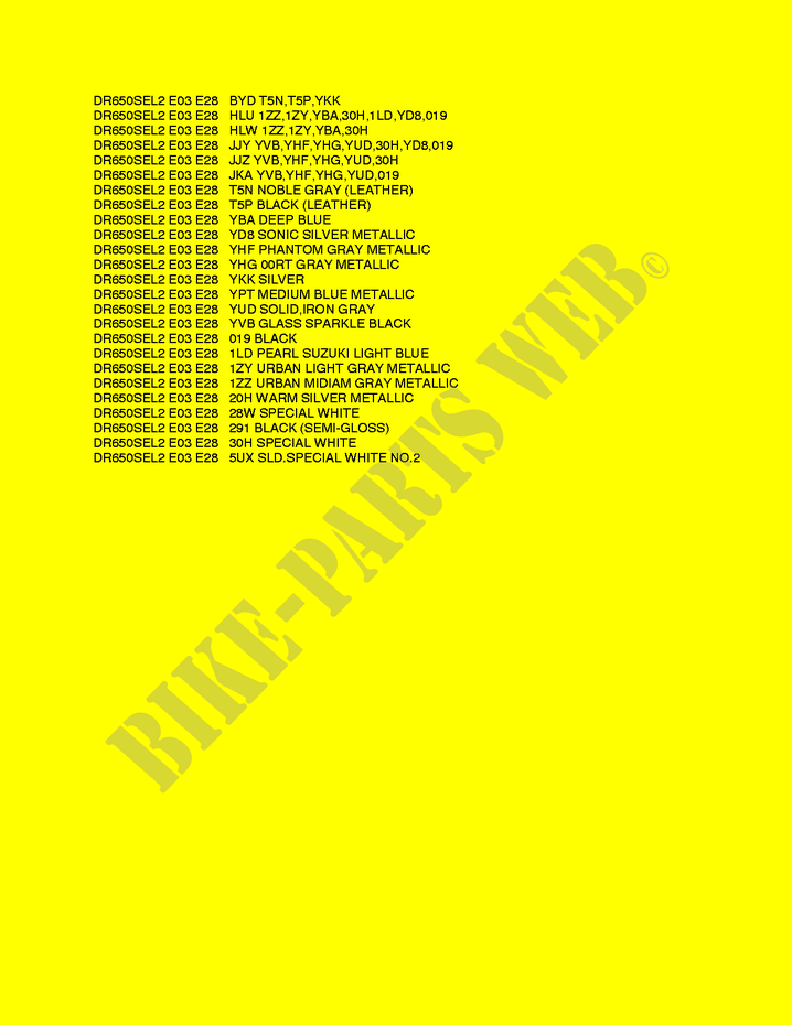 * COLOR CHART * for Suzuki DR 650 2012